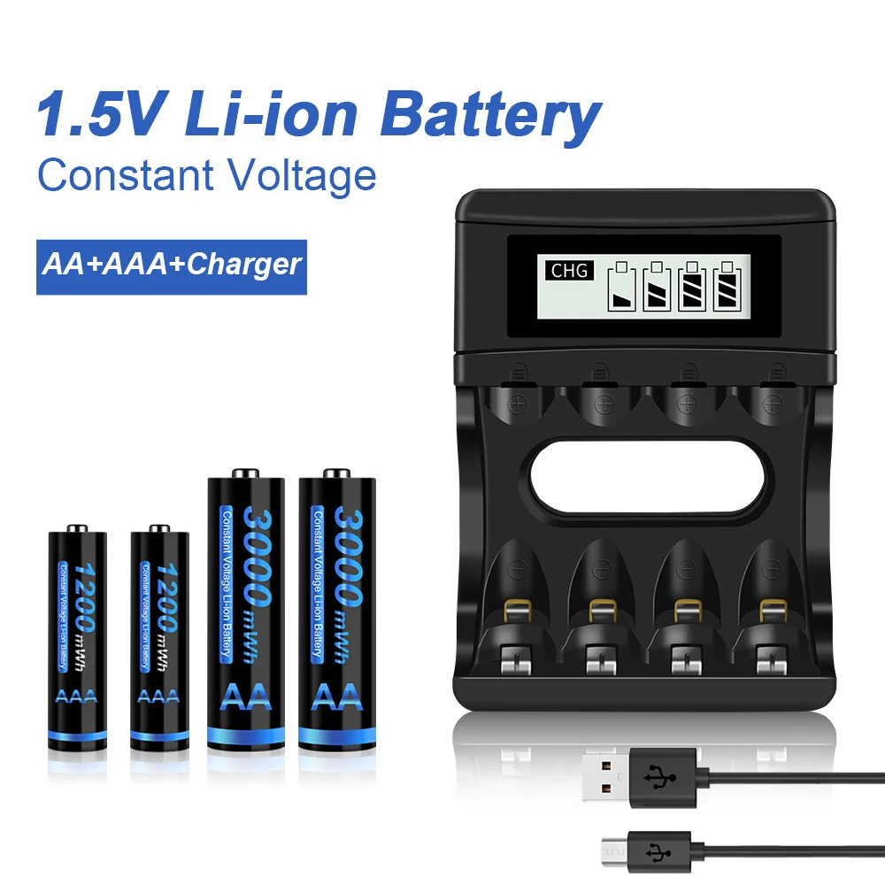 1,5 V AA Li-ion Įkraunama Baterija 3000mWh + 1,5 v AAA tipo ličio baterijos įkrovimo 1200mWh su 1,5 V AA AAA Baterijų Įkroviklis 2