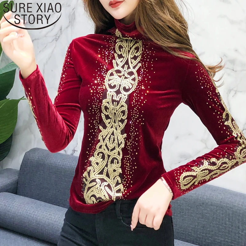 Korėjos mados drabužių 2020 Aksomo Deimantų Leopard Golfo plius dydis moterų viršūnių juoda long sleeve top marškinėliai moterims 7853 50 0