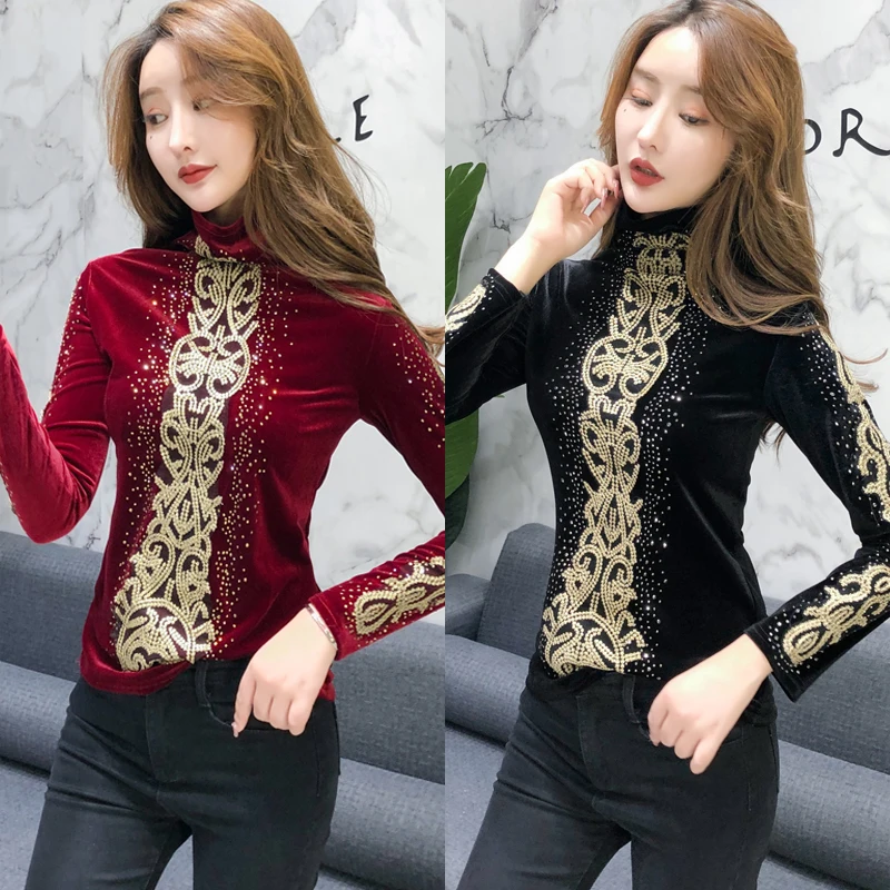 Korėjos mados drabužių 2020 Aksomo Deimantų Leopard Golfo plius dydis moterų viršūnių juoda long sleeve top marškinėliai moterims 7853 50 2