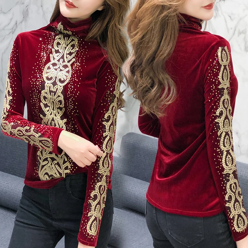 Korėjos mados drabužių 2020 Aksomo Deimantų Leopard Golfo plius dydis moterų viršūnių juoda long sleeve top marškinėliai moterims 7853 50 3