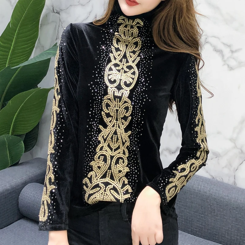 Korėjos mados drabužių 2020 Aksomo Deimantų Leopard Golfo plius dydis moterų viršūnių juoda long sleeve top marškinėliai moterims 7853 50 4