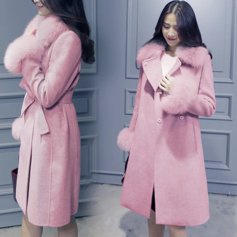 Moterų Žiemos korėjos Stiliaus Rožinė Ilga Vilna Mišinys Kailio Apykakle Tranšėjos Paltai 2020 Ponios Mados Švarkelis, Drabužiai Plius Dydis 3XL 0