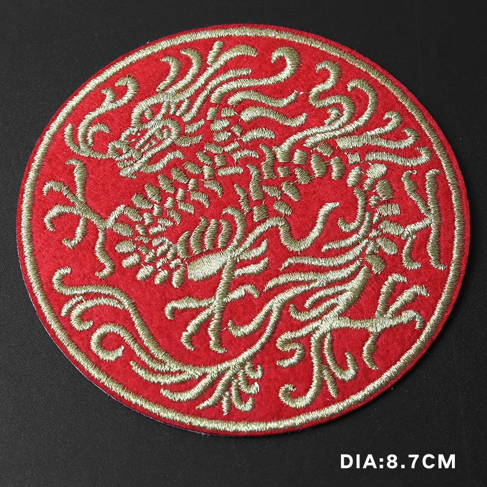 Gyvūnų raudona apvalių pleistras drakonas ir Feniksas ženklelis Megztinis džinsinio striukė aukso siūlais Siuvinėti lyginimo siuvimo Lipdukas ant drabužių 1