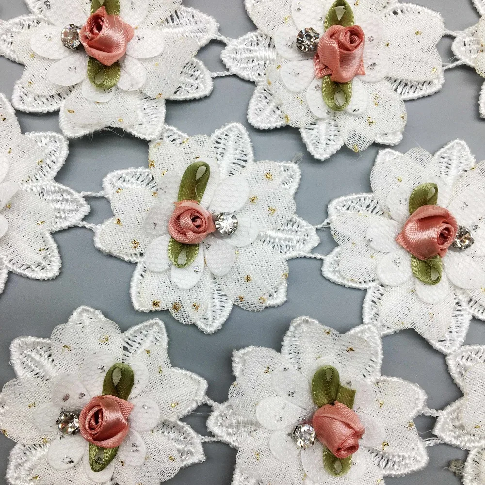10x Derliaus 3D Diamond Rožių Žiedų Išsiuvinėti Nėriniai Apdailos Juostelės Gėlių Aplikacijos Pleistrai Audinio Suknelė Vestuvių Siuvimo Amato 5X5CM 2
