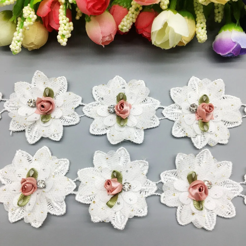10x Derliaus 3D Diamond Rožių Žiedų Išsiuvinėti Nėriniai Apdailos Juostelės Gėlių Aplikacijos Pleistrai Audinio Suknelė Vestuvių Siuvimo Amato 5X5CM 4