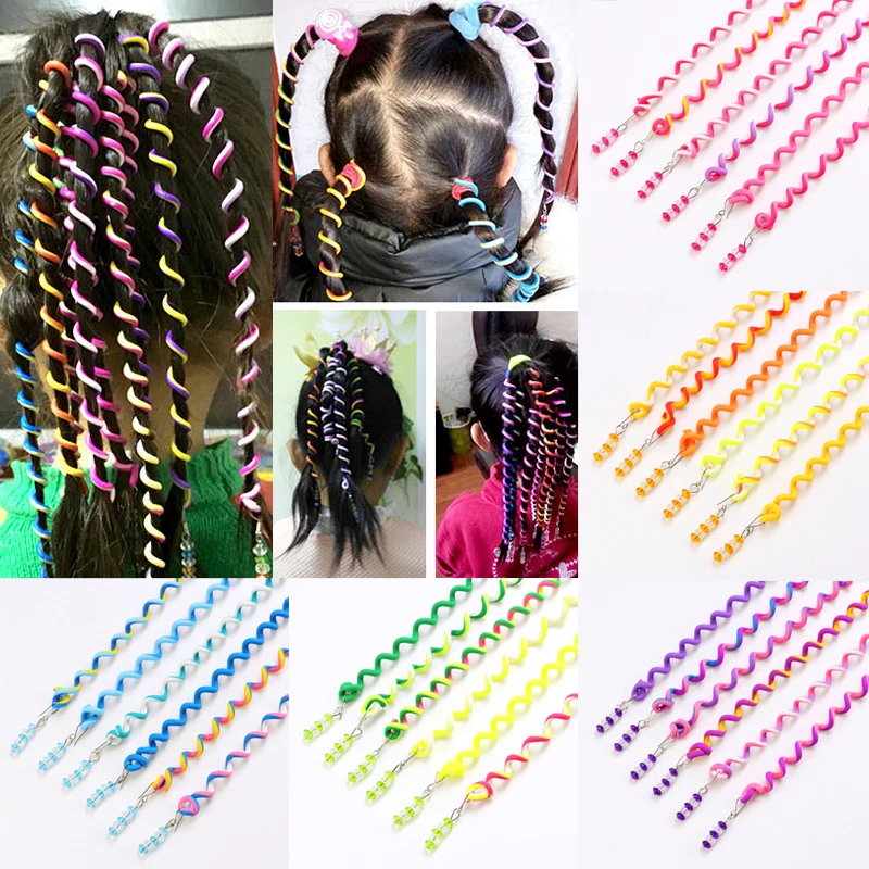 Naujas 6Pcs Vaikų Mergaičių Spiralės Kaspinai Spalvingas Mielas Ilgai Pynimo Hairwear Plaukų Juostos Mada Vaikams Hairband Priedai 5