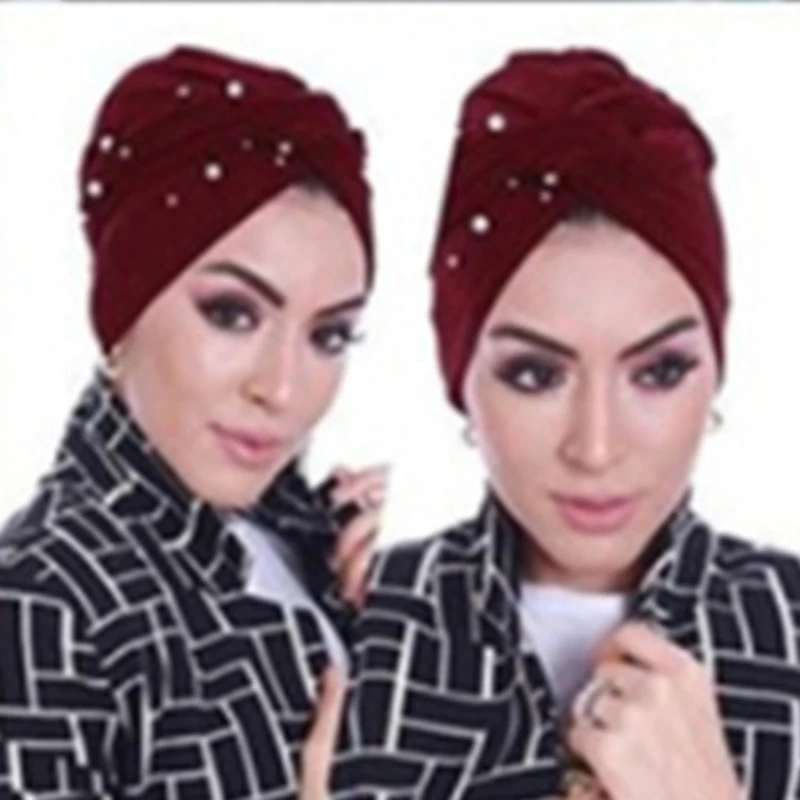 Naują Pavasario Rudens Moterų Skara Elegantiškas Ponios Beanie Skrybėlių Musulmonų Moterys Turbaną Vidinis Hijabs Mados Karoliukų Apdaila Skrybėlę Vienas Dydis 3