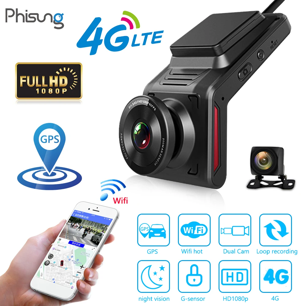 Phisung K18 FHD 1080P 4G, WiFi, Automobilių DVR GPS Logger Dashcam su galinio vaizdo Kamera galinio vaizdo Veidrodis Tachografo Atvirkštinį 2