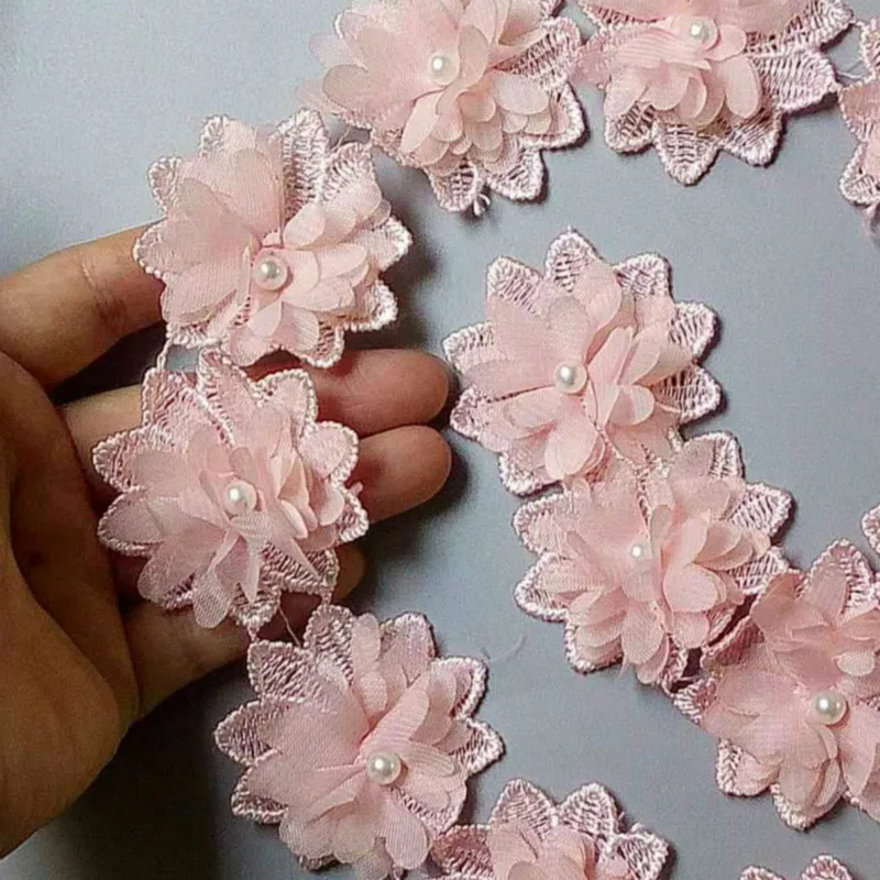 1 kiemas Rožinė Polyester Pearl Gėlių Išsiuvinėti Nėriniai Apdailos Juostelės Medžiaga Rankų darbo 