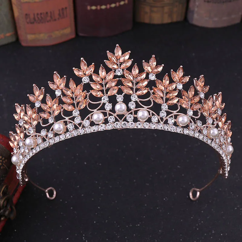 FORSEVEN Derliaus Baroko Mėlyna/rožinė Aukso Spalva Crystal Imituojamas Perlai Turas Tiara Vainikėliai Diadem Royal Princess Karalienė diadema 1