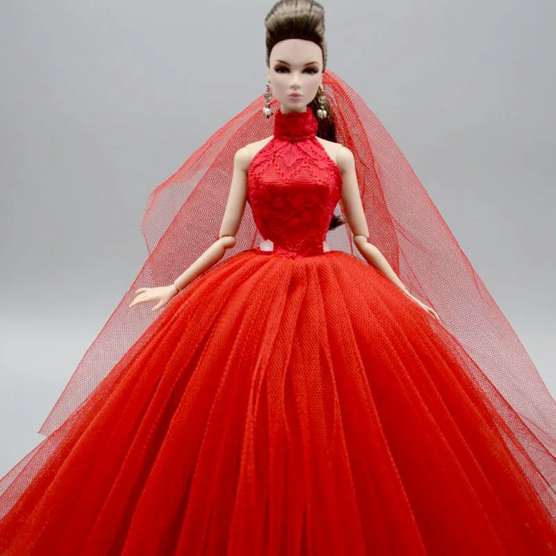 3pcs/daug Aukšto Kaklo Mados Vestuvių Suknelė Barbie Lėlės Komplektus Princesė Vakare Šalis Suknelė Ilgos Suknelės Lėlės Drabužiai & Šydas 2