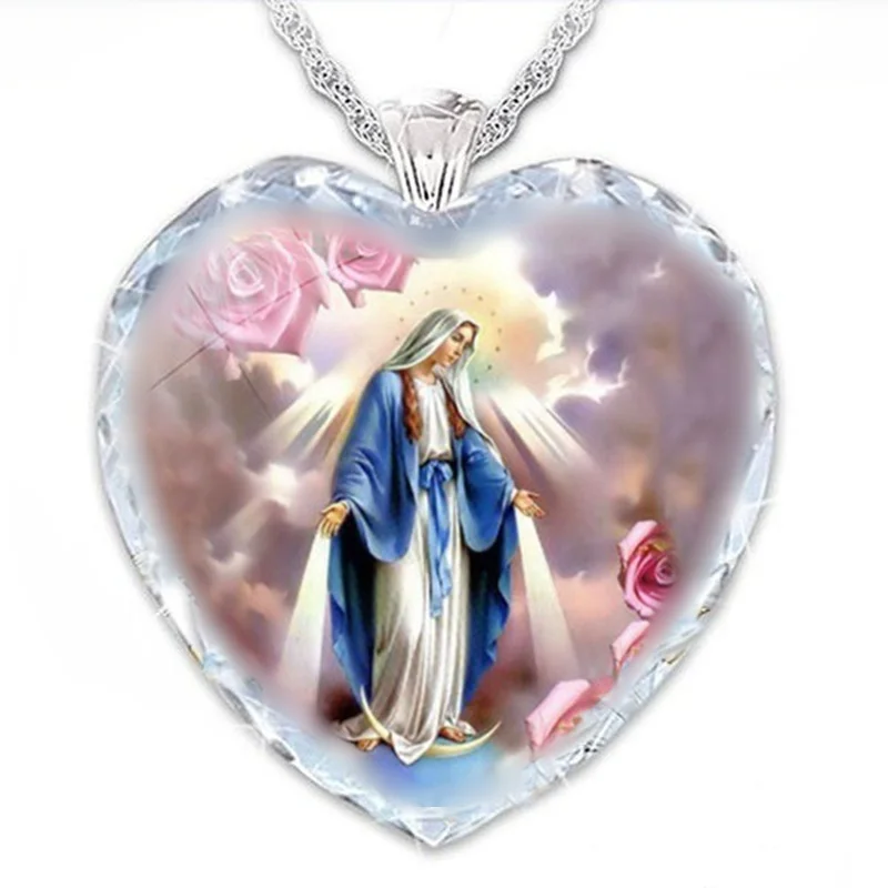 Širdies Formos Kristalų, Stiklo Mergelės Marijos Modelio moteriški Karoliai Pakabukas Naujas Mados Religinių Amuletas, Aksesuarai, Šaliai, Papuošalai 0