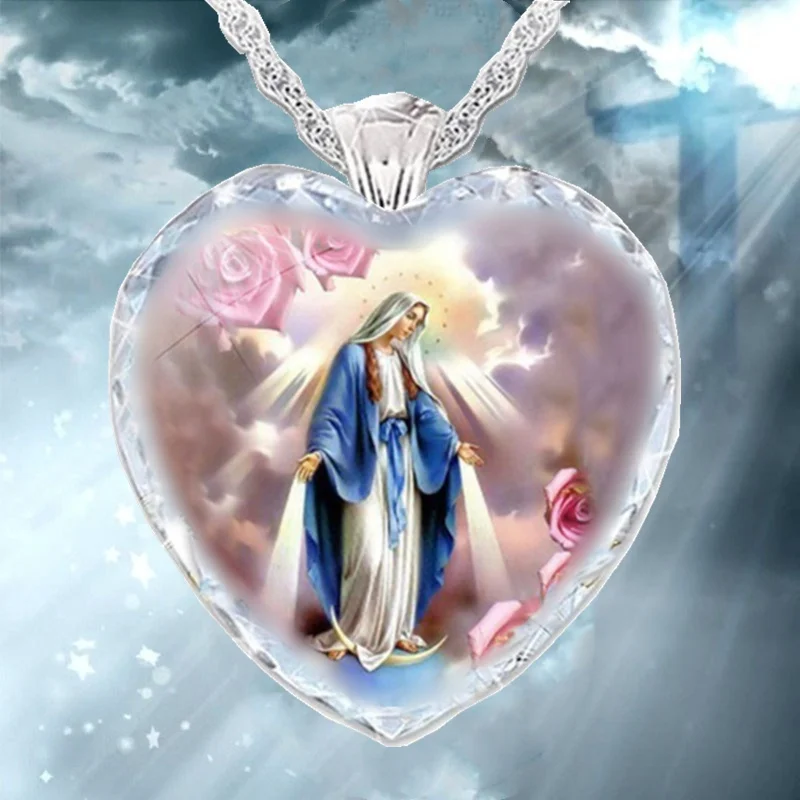 Širdies Formos Kristalų, Stiklo Mergelės Marijos Modelio moteriški Karoliai Pakabukas Naujas Mados Religinių Amuletas, Aksesuarai, Šaliai, Papuošalai 1