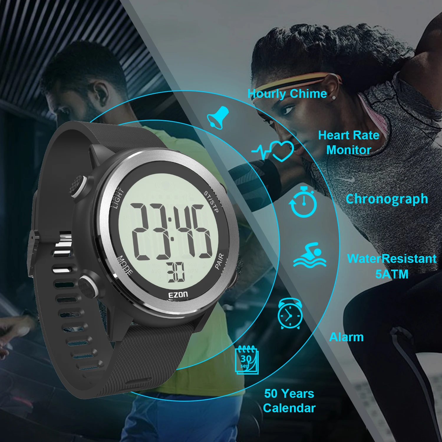 EZON T057 Skaitmeninis Žiūrėti Vandeniui Signalizacijos Kalorijų Veikia laikrodis Su Širdies ritmo Diržas Fitneso Veikia LED 50M Bluetooth Prekės 3