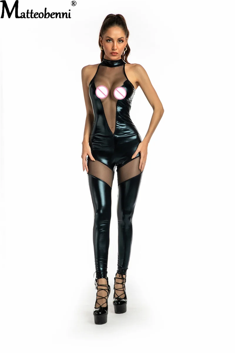 Seksualus Moterų Tinklinio Kratinys Dirbtiniais Odos Catsuit PVC, Latekso apatinis Trikotažas Bodysuit Clubwear Užtrauktukas Jumpsuits Ruožas Karšto Erotiniai Kostiumai 1
