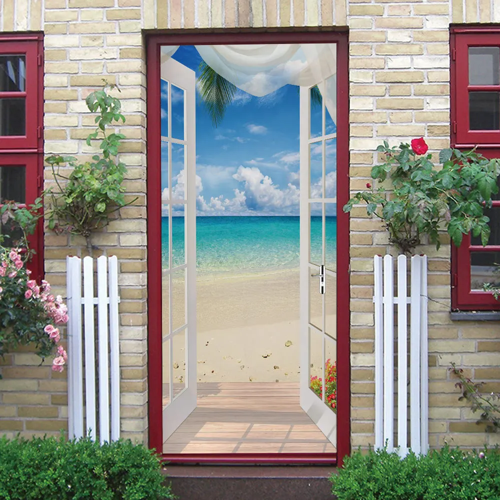 Kūrybiškas ir ekologiškas 3D beach salono durų lipdukai restauruotas lipnios miegamojo sienos PVC lipdukai 0