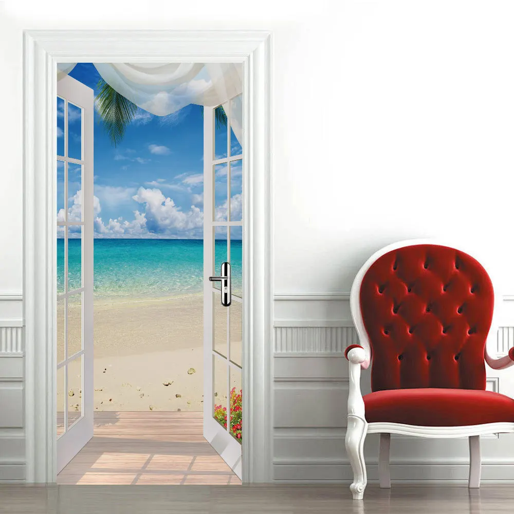 Kūrybiškas ir ekologiškas 3D beach salono durų lipdukai restauruotas lipnios miegamojo sienos PVC lipdukai 2