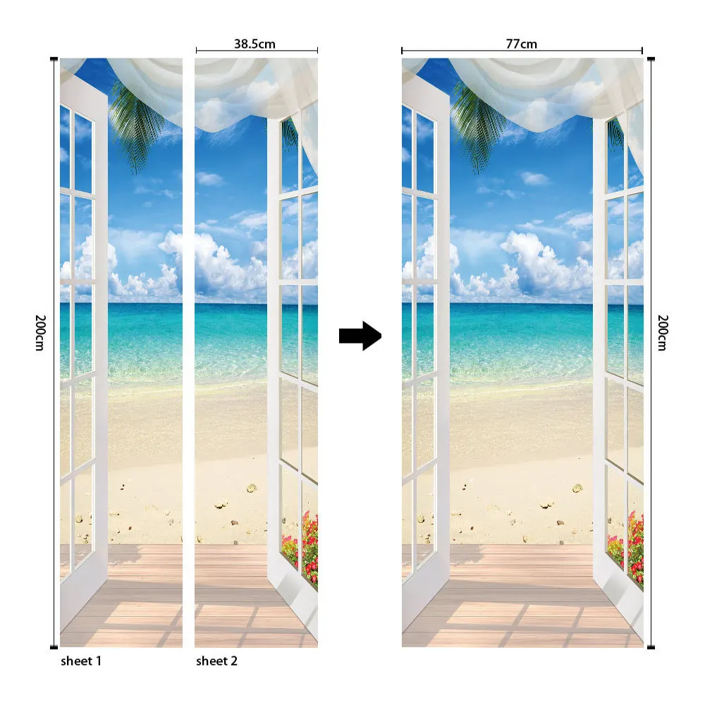 Kūrybiškas ir ekologiškas 3D beach salono durų lipdukai restauruotas lipnios miegamojo sienos PVC lipdukai 3