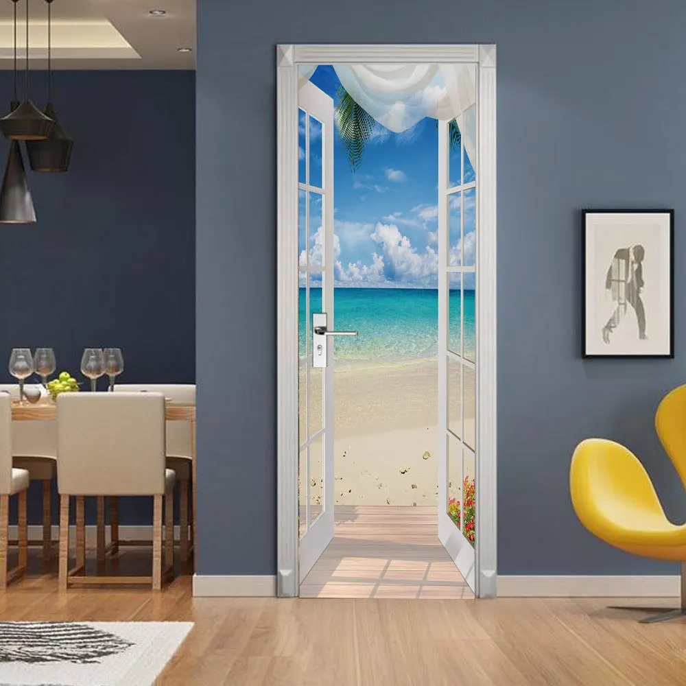Kūrybiškas ir ekologiškas 3D beach salono durų lipdukai restauruotas lipnios miegamojo sienos PVC lipdukai 4
