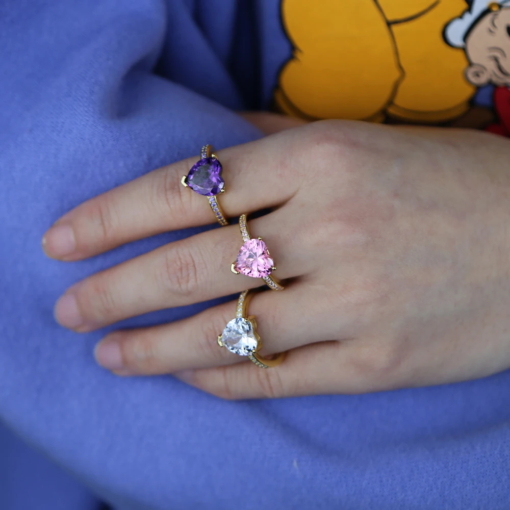 Naujas vestuvinis žiedas stilius su balta rausva, violetinė širdies cz asfaltuotas maža grupė žiedais su aukso spalvos sidabrą, sužadėtuvių žiedai, juvelyrika 4