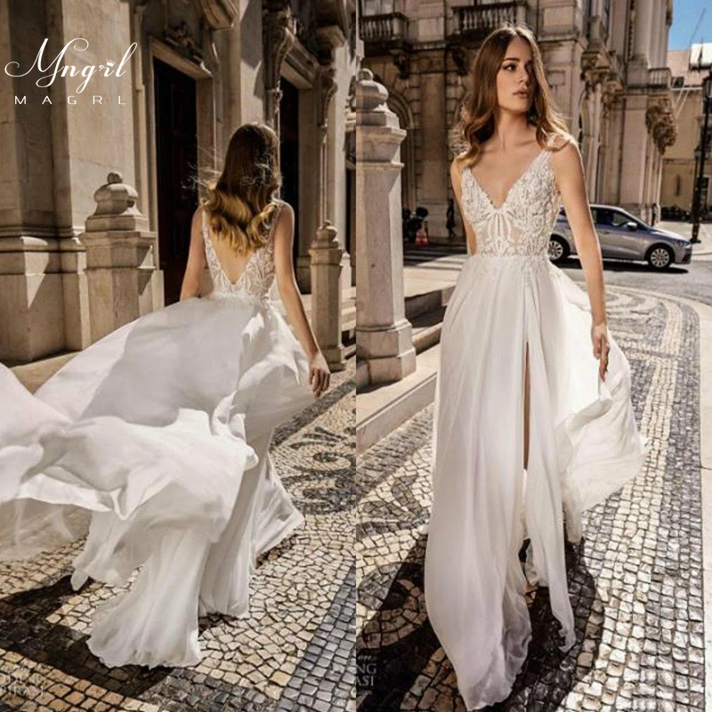 MNGRL Paprastas V-kaklo, Rankovių Vestuvių Suknelė Baltos spalvos Nėrinių 3D Gėlių Nuotakos Suknelės Backless Splitas šakių Vestuvių Suknelė 1