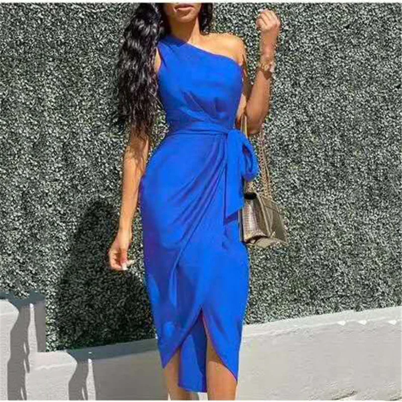 Moterų Suknelė 2021 Naujų Europos Ir Amerikos Slim Temperamentas Elegantiška Rausvos spalvos, Mėlyna Nuožulnios Pečių Lrregular Juostos Suknelė N815 1