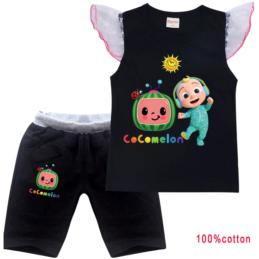 2021 Vasaros Kūdikių Animacinių filmų Cocomelon Drabužių Rinkinys Kūdikių Berniukų Medvilnės trumpomis Rankovėmis Dryžuotas marškinėliai +Šortai Tinka Merginos Laisvalaikio Apranga 4