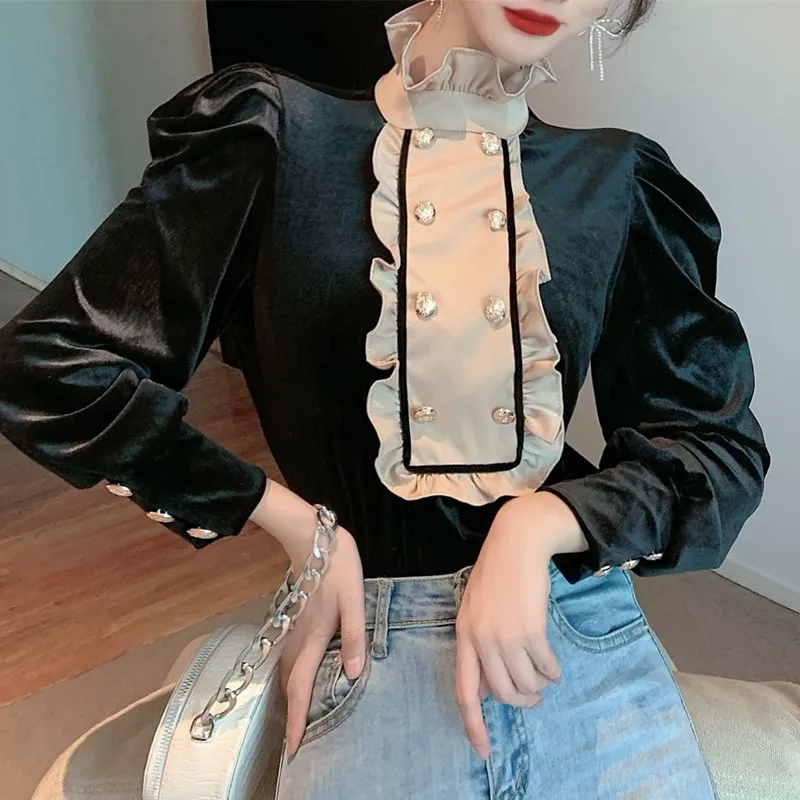 Elegantiškas Moteris, Kietas Marškinėliai, Elegantiškas Ruffles Ilgomis Rankovėmis Palaidinės 2021 M. Pavasario Vasaros Korėjos Office Lady Vintage Black Blusas 0