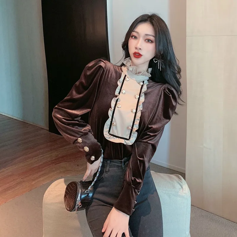 Elegantiškas Moteris, Kietas Marškinėliai, Elegantiškas Ruffles Ilgomis Rankovėmis Palaidinės 2021 M. Pavasario Vasaros Korėjos Office Lady Vintage Black Blusas 1