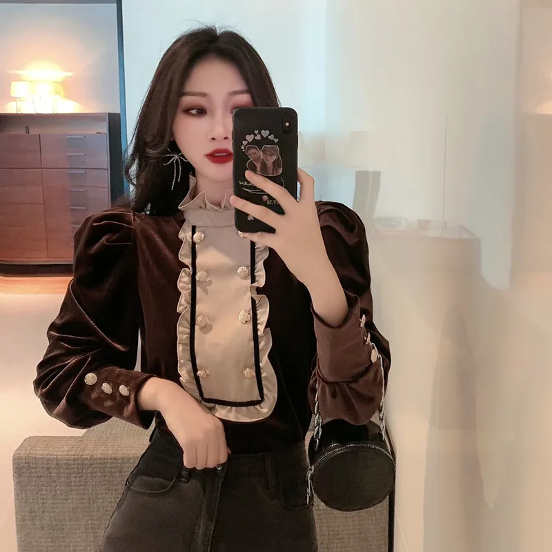 Elegantiškas Moteris, Kietas Marškinėliai, Elegantiškas Ruffles Ilgomis Rankovėmis Palaidinės 2021 M. Pavasario Vasaros Korėjos Office Lady Vintage Black Blusas 2