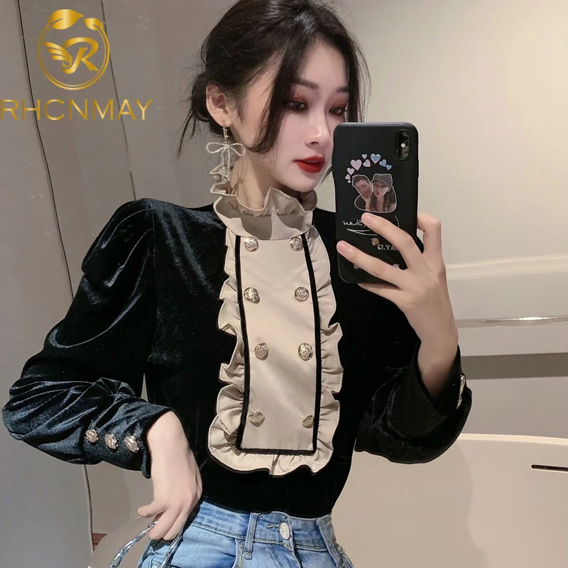 Elegantiškas Moteris, Kietas Marškinėliai, Elegantiškas Ruffles Ilgomis Rankovėmis Palaidinės 2021 M. Pavasario Vasaros Korėjos Office Lady Vintage Black Blusas 3