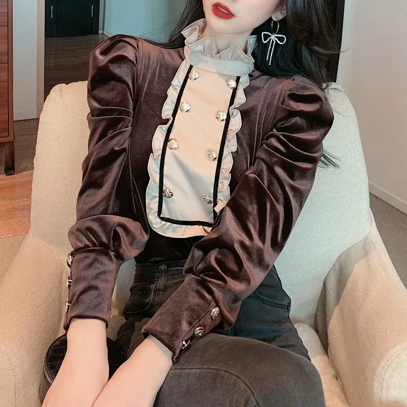 Elegantiškas Moteris, Kietas Marškinėliai, Elegantiškas Ruffles Ilgomis Rankovėmis Palaidinės 2021 M. Pavasario Vasaros Korėjos Office Lady Vintage Black Blusas 4
