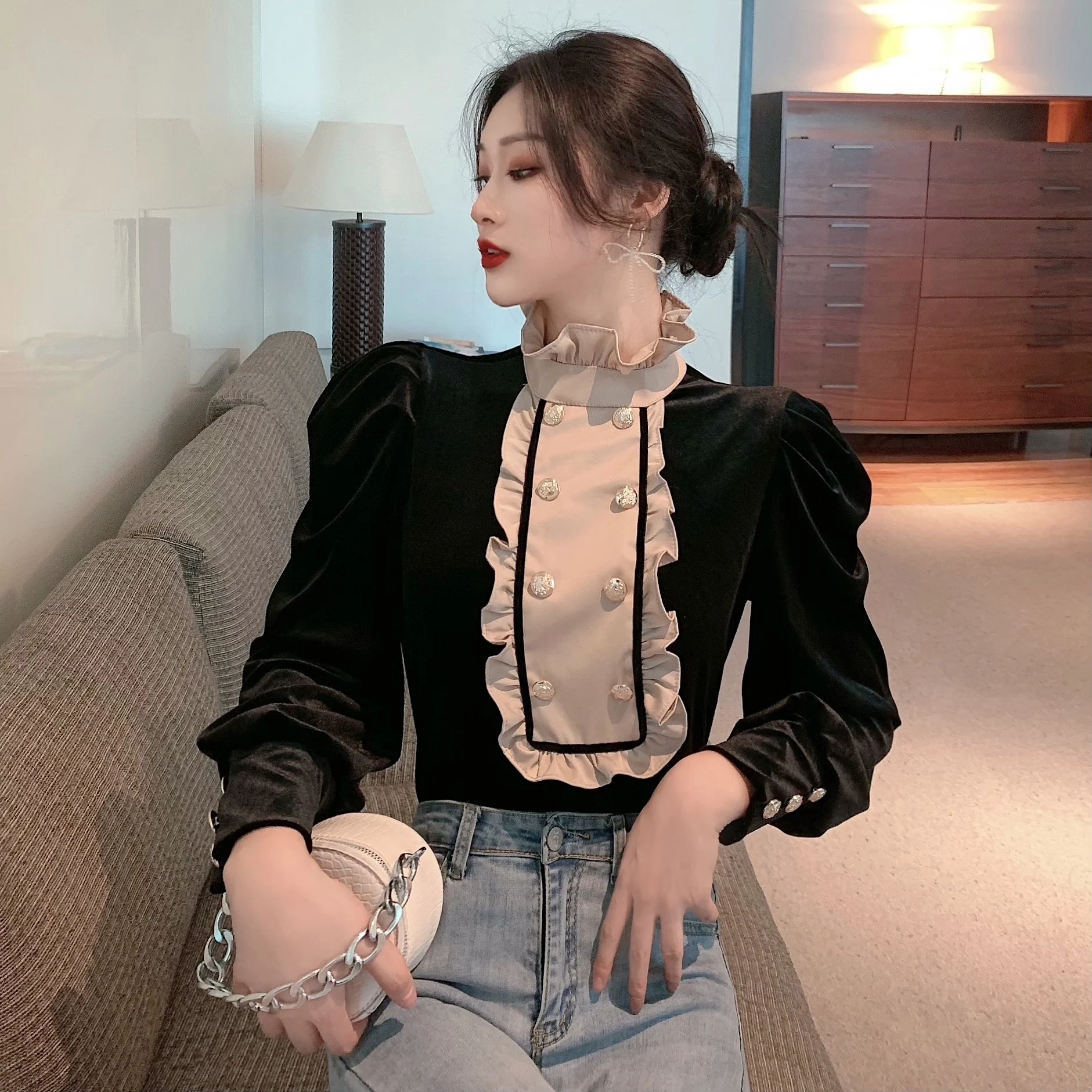 Elegantiškas Moteris, Kietas Marškinėliai, Elegantiškas Ruffles Ilgomis Rankovėmis Palaidinės 2021 M. Pavasario Vasaros Korėjos Office Lady Vintage Black Blusas 5