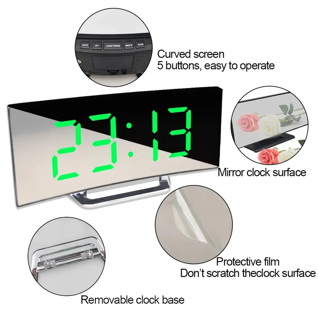 Didelis Ekranas LED Išlenkto Paviršiaus Veidrodis, Laikrodis Silent Alarm Clock Stalo Namų Puošybai Energijos Taupymo Duomenų Saugojimo Laikrodis 4