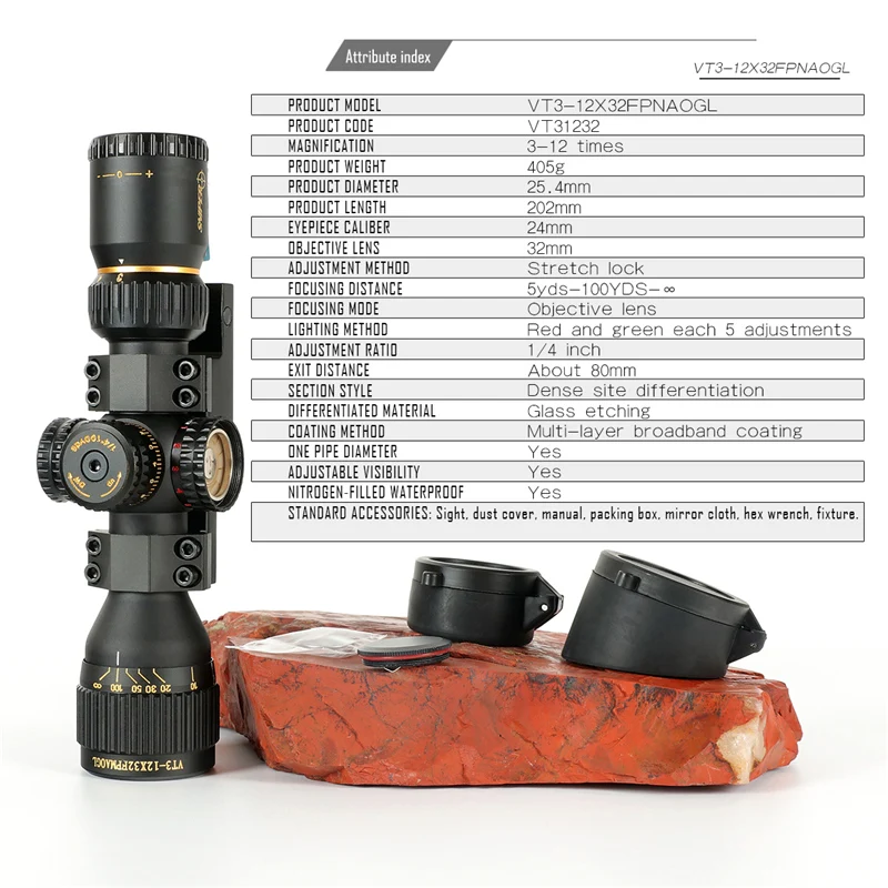 SNAIPERIS VT 3-12X32 FFP Medžioklės Kompaktiškas Optinį Taikiklį Taktinis Riflescope Stiklo Išgraviruotas Tinklelis Raudonos, Žalios llluminate medžioklės optika 4