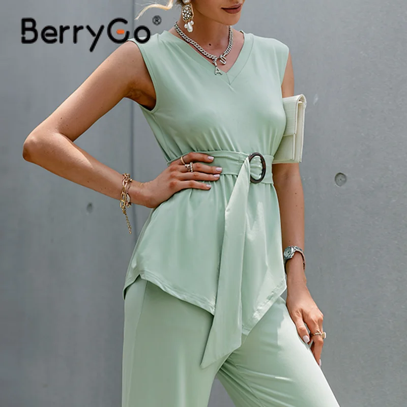 BerryGo Asimetrinė v-kaklo, rankovių moterims rinkiniai vasaros Atsitiktinis diržas elastinga dviejų dalių rinkinys moterims Office lady minkštas kietas kostiumas rinkiniai 3