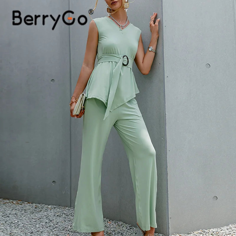 BerryGo Asimetrinė v-kaklo, rankovių moterims rinkiniai vasaros Atsitiktinis diržas elastinga dviejų dalių rinkinys moterims Office lady minkštas kietas kostiumas rinkiniai 5