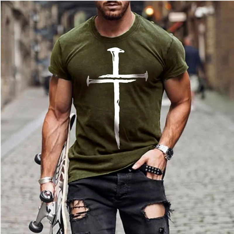 Naujas retro vyriški T-shirt Jėzaus Kristaus kryžiaus atspausdintas T-shirt atsitiktinis mados vyrų prarasti apvalios apykaklės T-shirt slim top marškinėliai 0