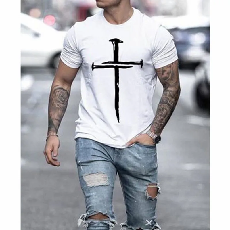 Naujas retro vyriški T-shirt Jėzaus Kristaus kryžiaus atspausdintas T-shirt atsitiktinis mados vyrų prarasti apvalios apykaklės T-shirt slim top marškinėliai 2