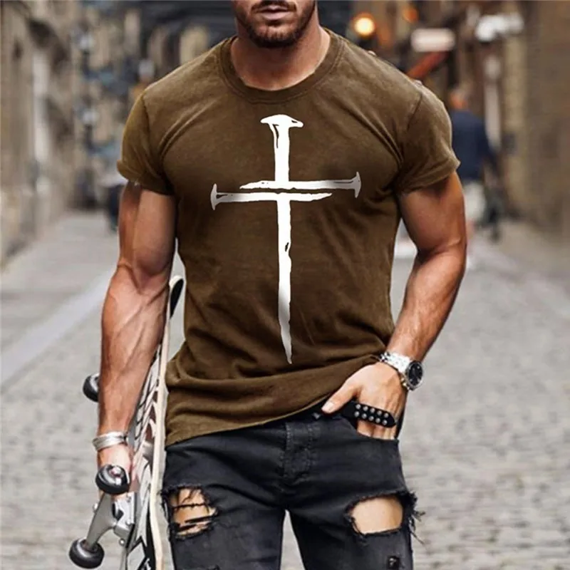 Naujas retro vyriški T-shirt Jėzaus Kristaus kryžiaus atspausdintas T-shirt atsitiktinis mados vyrų prarasti apvalios apykaklės T-shirt slim top marškinėliai 4