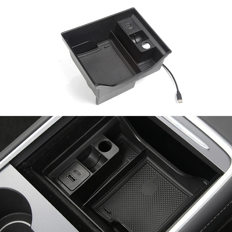 Už Tesla Model 3 Y 2021 Centrinis Porankis Laikymo Dėžutė su USB Įkrovimo lizdas ir Paspauskite Tipas Puodelio Laikiklis 4