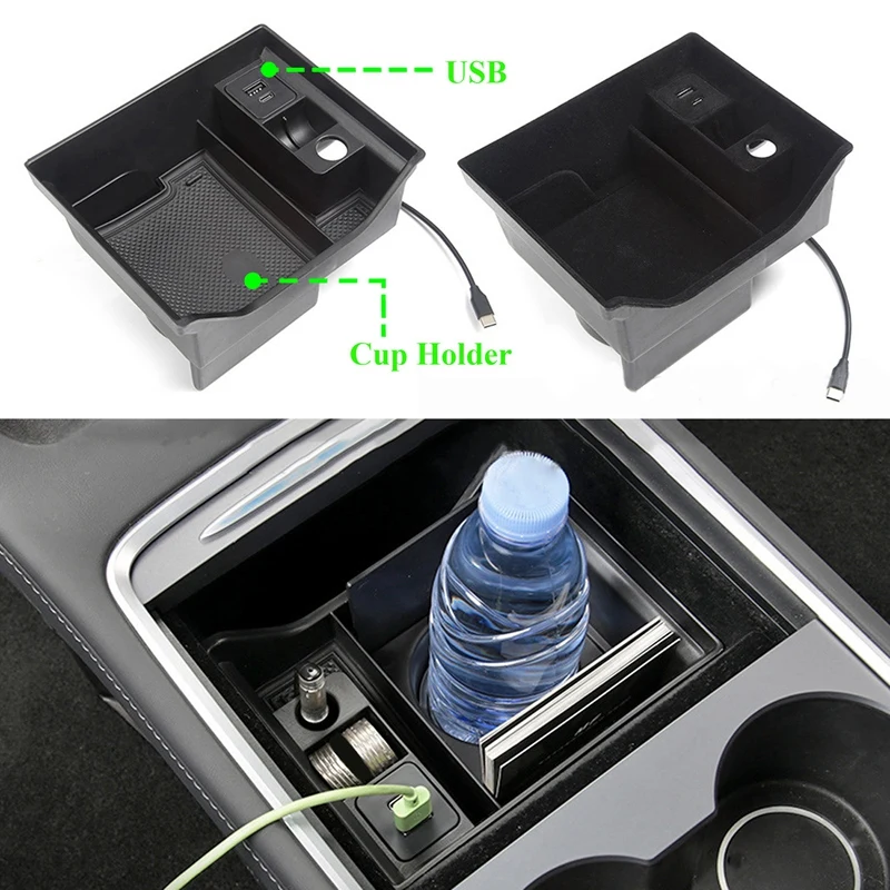 Už Tesla Model 3 Y 2021 Centrinis Porankis Laikymo Dėžutė su USB Įkrovimo lizdas ir Paspauskite Tipas Puodelio Laikiklis 5