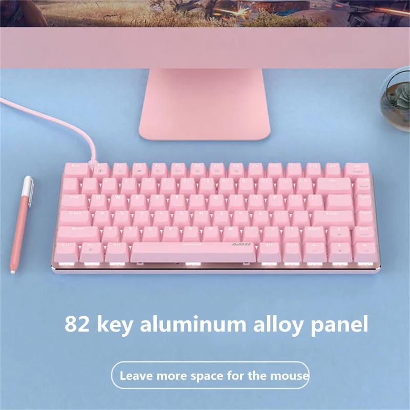 Naujas AK33 mielas rožinis laidinio mechaninė klaviatūra, balta apšvietimu 82-raktas metalinę žaidimų klaviatūra USB sąsajos TIPAS-C įkrovimo lizdas 2