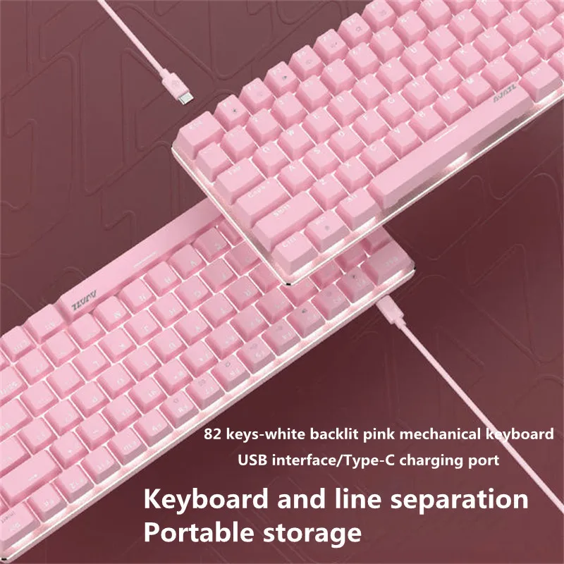 Naujas AK33 mielas rožinis laidinio mechaninė klaviatūra, balta apšvietimu 82-raktas metalinę žaidimų klaviatūra USB sąsajos TIPAS-C įkrovimo lizdas 4