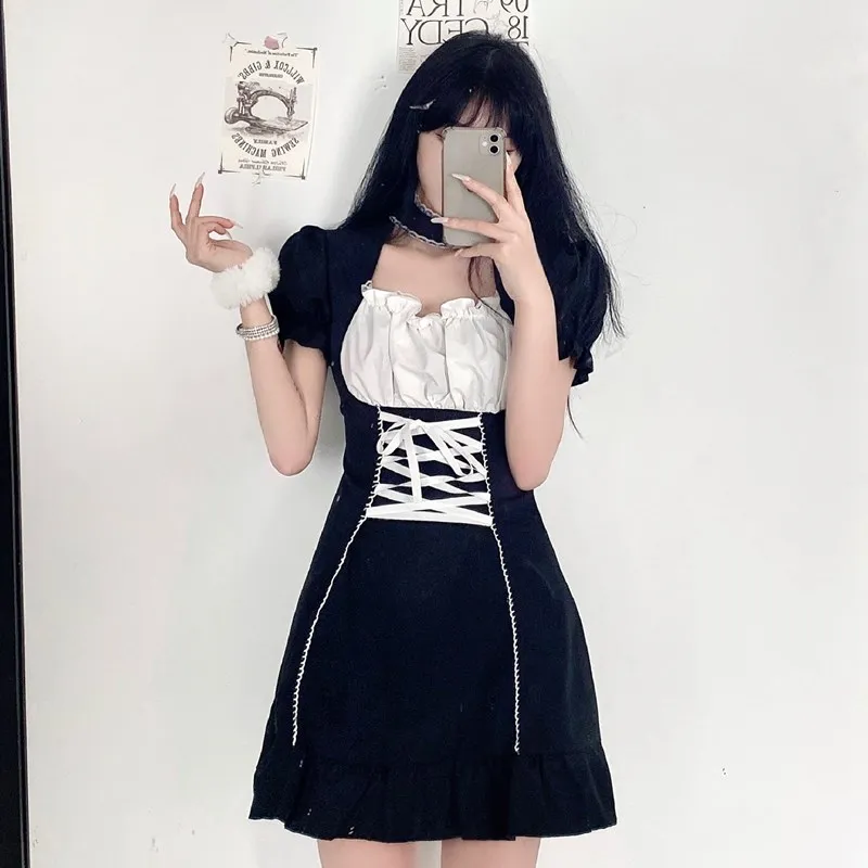 Moterų Suknelė Tamsiai Gothic Punk Harajuku Lolita Dress Šalies Kvadratinių Kaklo Sluoksniuotos Rankovėmis Vasarą Streetwear Kawaii Tarnaitė Suknelė Cosplay 4