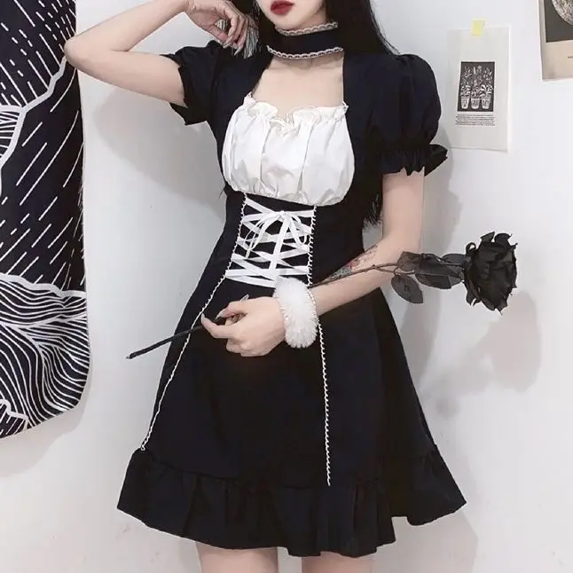 Moterų Suknelė Tamsiai Gothic Punk Harajuku Lolita Dress Šalies Kvadratinių Kaklo Sluoksniuotos Rankovėmis Vasarą Streetwear Kawaii Tarnaitė Suknelė Cosplay 5