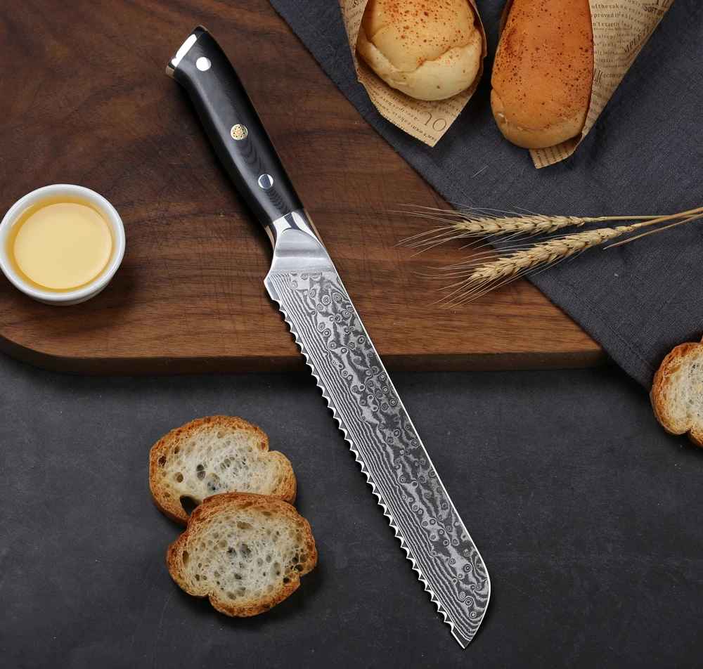 TURWHO 8 Colių Profesinės Duonos Peilis Japonijos 67-sluoksnis Damasko Plieno Chef Peiliai G10 Rankena Virimo Dantytas Virtuvės Peiliai 5