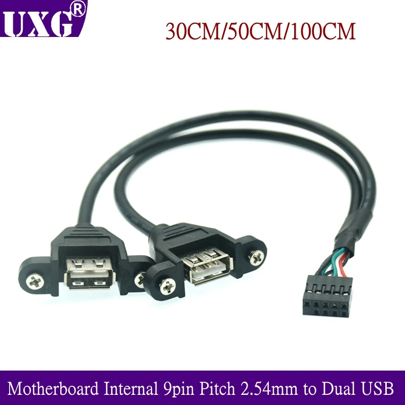 Plokštės Vidaus 9pin Pikis 2.54 mm Dual Port USB 2.0 Moterų Varžtas Užraktas Panel Mount Kabelis 30 cm/50 cm 2