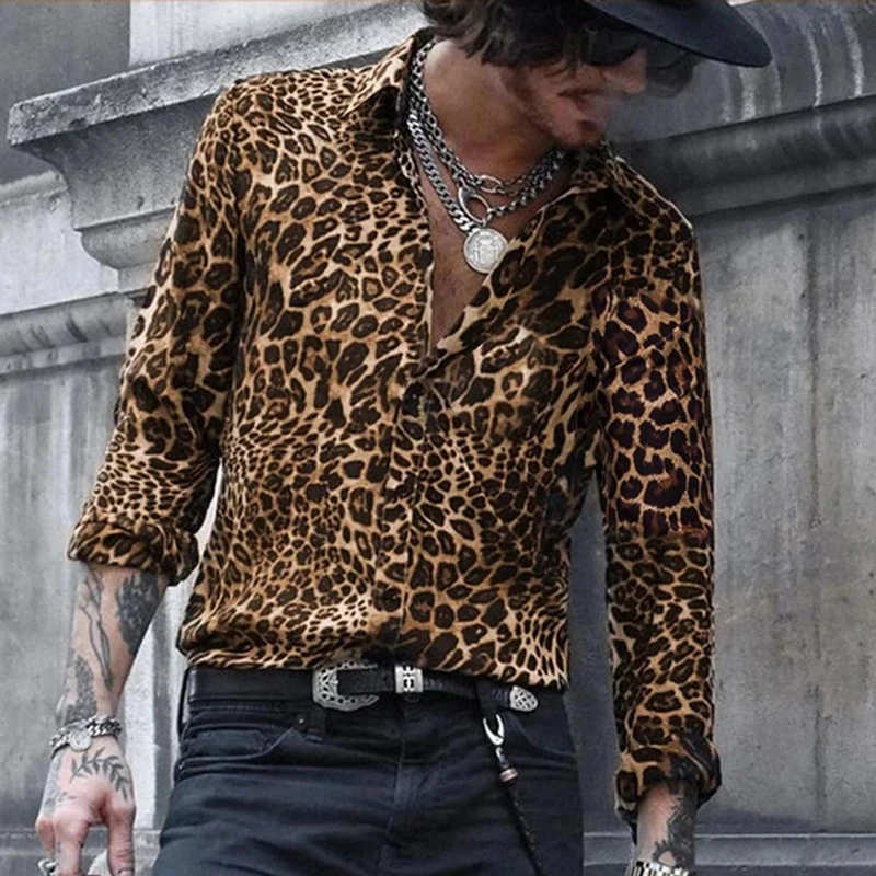 Vasaros ilgomis rankovėmis leopard marškinėliai vyriški atvartas apykaklės prarasti mygtuką palaidinė kvėpuojantis streetwear sexy marškinėliai vyrų INCERUN 2021 5