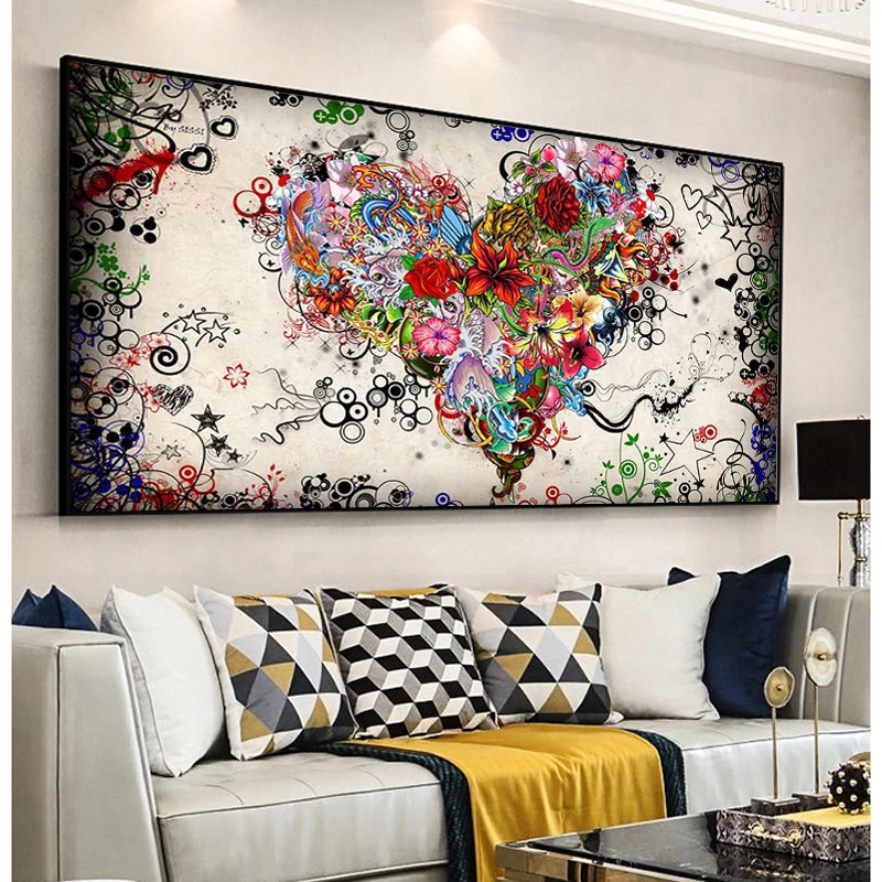 Abstrakti Naftos Tapyba ant Drobės Spalvinga Širdies Gėlės Plakatas ir Spausdinimo Sienos Meno Dekoratyvinis Nuotraukos Kambarį Namų Dekoro 3